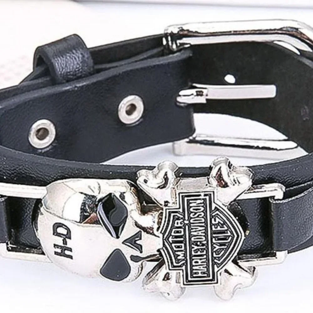 Harley Davidson HD Skull Steel Leather Wristband
